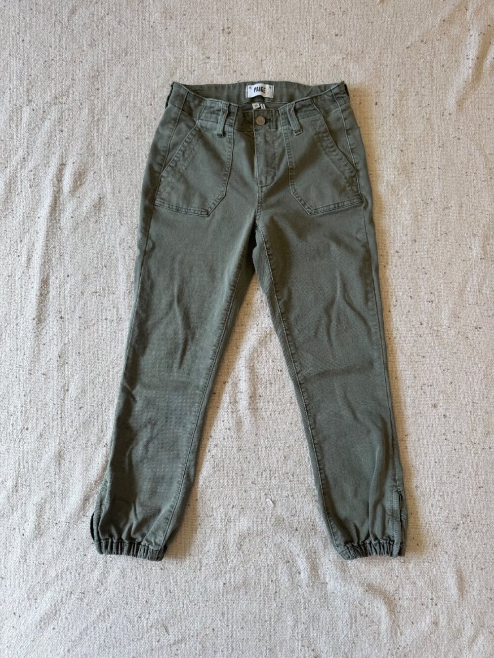 Paige Size 25 Sage Green High Rise Patch Pocket Jeans Elastic Hem
